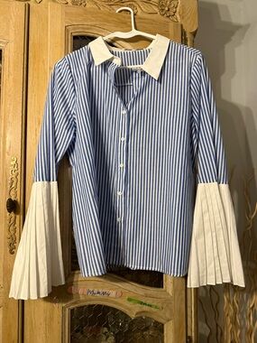 English Factory Blue & White Striped Button-Down Shirt with Pleated Bell Sleeves